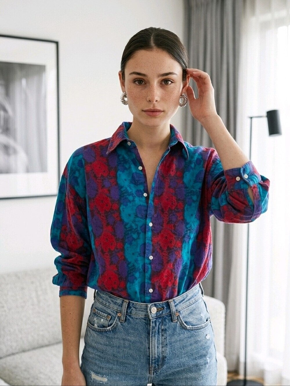 Neiman Marcus Vintage 80s Vibe Cotton Floral Blouse Size Large